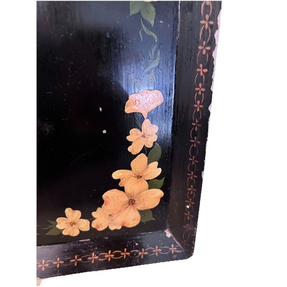 Vintage Black Metal Toleware Tray Hand Painted Gold Floral Dogwood Cottagecore - Picture 4 of 7